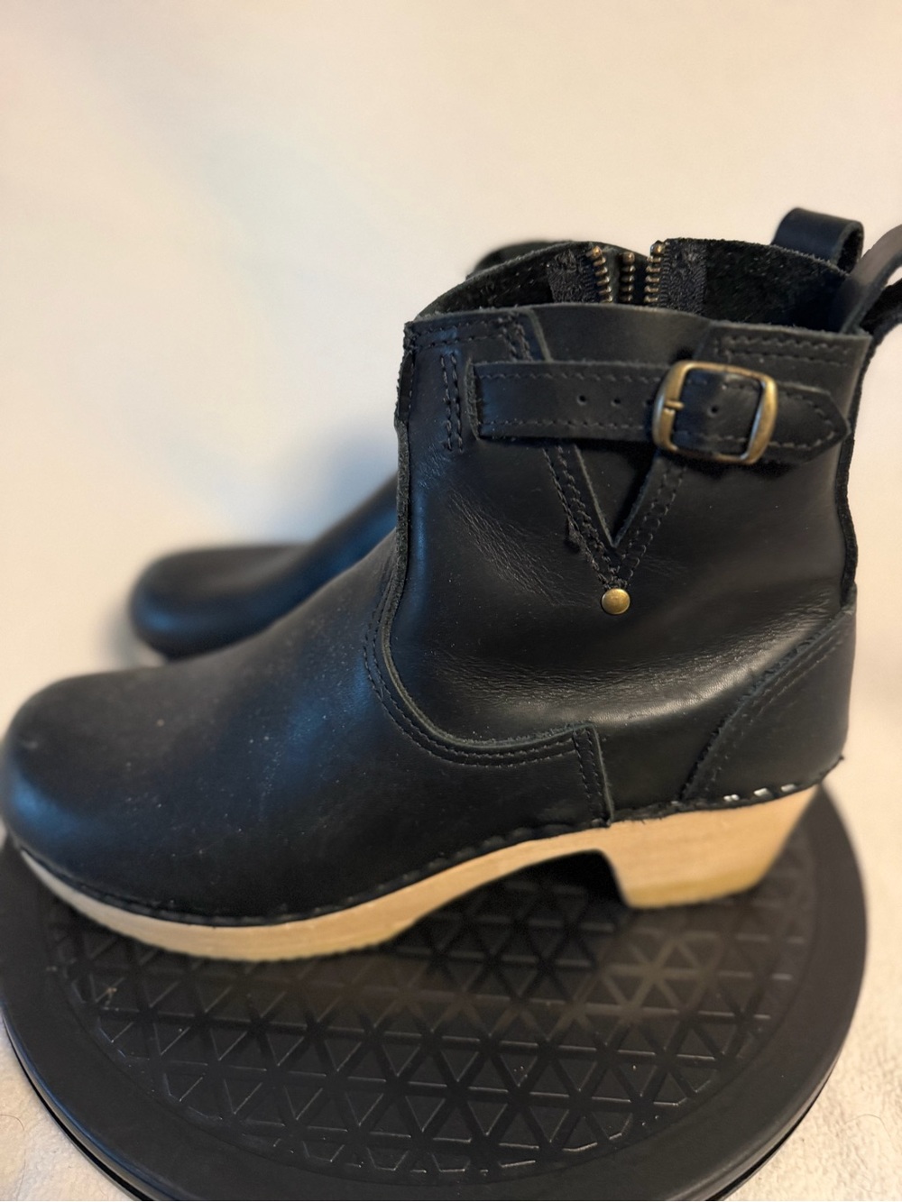 No. 6 Black Leather Ankle Booties with Wood-Tone Heel sz 41